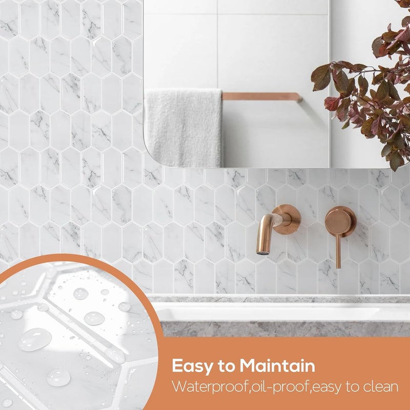 Vamos Tile بلاط خلفية قابل للإزالة والتثبيت بتصميم سميك مطور، 10 ورقات من بلاط الرخام الرمادي الطويل سداسي الشكل ذاتي اللصق، مناسب للمطبخ والحمام والمركبات الترفيهية ومدفأة. - Image 5